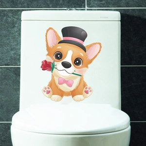 Cute cartoon Corgi with top hat and rose waterproof PVC sticker on a white toilet tank