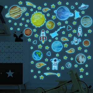 Luminous space wall decals with watercolor planets, rockets and stars in a dark nursery