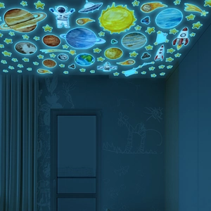 Luminous solar system wall stickers featuring glowing planets, stars, and rockets for kids