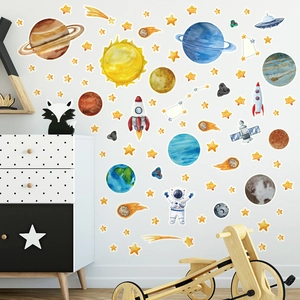 Cartoon space wall stickers with astronauts, rockets and planets for kids room decor