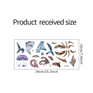 Detailed sheet layout of sea animal wall stickers showing shark and octopus dimensions