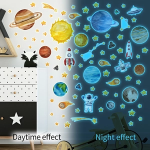 Luminous space wall stickers showing daytime and night glow effects with astronauts