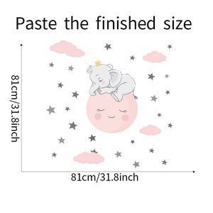 Wall decal dimension guide showing a sleeping elephant on a moon with 81x81cm finished size