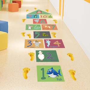 Cartoon Animal Number Hopscotch Floor Stickers Educational 1-10 Numbers PVC Waterproof DIY Kids Room Kindergarten Game Decals