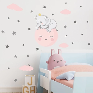 Cartoon elephant sleeping on moon with stars wall stickers for nursery bedroom decoration