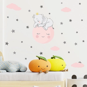 Cartoon elephant on moon wall decal with stars and clouds for nursery decor