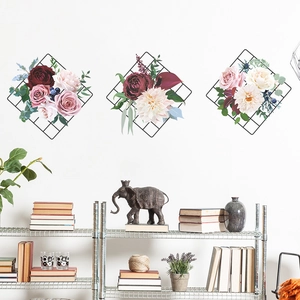 Three-piece set of mesh peonies wall stickers with red roses and pink dahlia for home decor