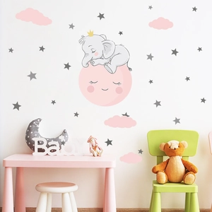 Cartoon Elephant Moon Wall Stickers Pink Cloud Star PVC Removable Decal For Kids Bedroom Nursery Kindergarten Home Decor