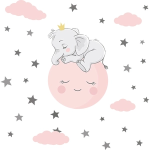 Cartoon elephant sleeping on moon wall sticker with pink clouds and stars for kids room