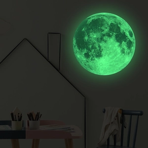 Luminous 40cm moon wall sticker with realistic craters and green fluorescent glow