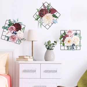 Three-piece floral wall stickers with red peonies on black mesh grid for home decor