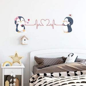 Cute penguin couple wall stickers for bedroom with heart patterns and PVC material