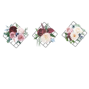 Three-piece black diamond metal mesh wall decor set with artificial peonies and roses