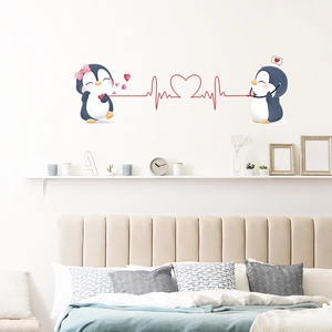 Cartoon penguin wall decal with red hearts for romantic bedroom and nursery wall decor