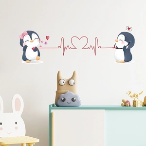 Cartoon penguin wall stickers with red heart line for romantic bedroom wall decoration
