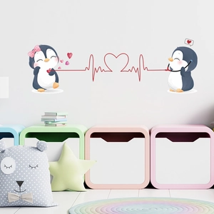 Cartoon Cute Penguin Couple Wall Stickers PVC Heart EKG Love Pattern Decorative Decals For Kids Room Valentines Day Gift