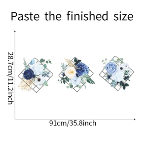 Three-piece floral wall decal set with blue peonies on black lattice 91x28.7cm