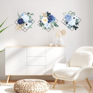 Three-piece set of blue peony wall stickers with black geometric mesh for living room decor