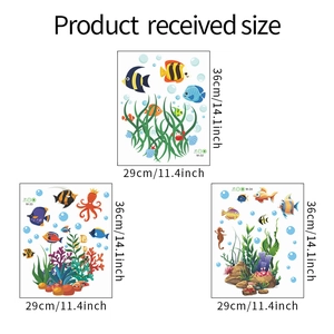 Three sheets of cartoon ocean wall stickers with fish and coral including dimensions