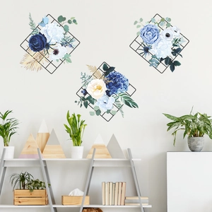 Nordic blue peony and hydrangea wall stickers with geometric grid pattern for home decor