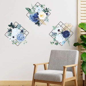 3-piece set of blue peony flower wall stickers with geometric grid for home wall decor