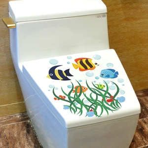 Cartoon undersea world toilet lid sticker featuring clownfish and seahorse decorations