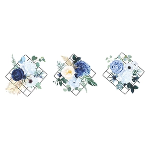 Close-up of blue peony flowers with gold leaves over black geometric grid pattern