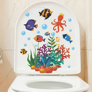Detailed view of ocean world toilet stickers featuring a crown octopus and coral reef decor