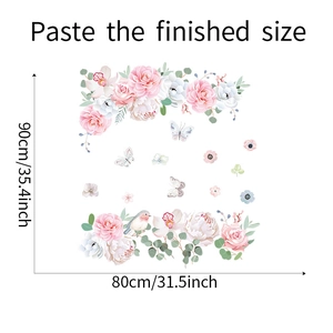 Watercolor floral wall sticker layout with pink roses and birds showing 80x90cm finished size
