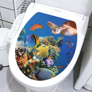Detailed 3D ocean world toilet lid decal with colorful tropical fish and sea turtle
