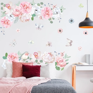 Floral wall stickers with pink peonies and butterflies for bedroom wall decor
