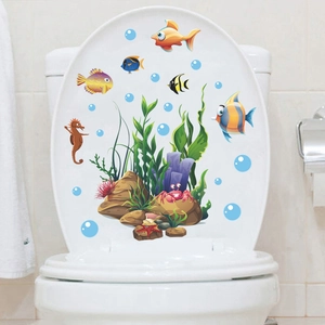 Cartoon ocean world toilet stickers with colorful fish, seahorse, and sea plants decor
