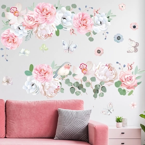 Fresh Peony Rose Floral Wall Stickers Self Adhesive PVC Butterfly Bird Wall Decals For Bedroom Living Room Home Decoration