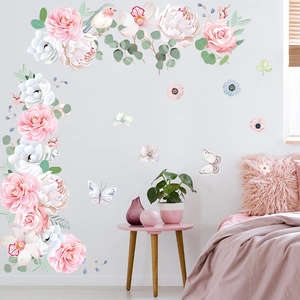 Floral wall sticker featuring pink peonies and birds for bedroom home decoration