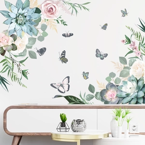 Floral wall stickers with green leaves and butterflies for living room home decoration