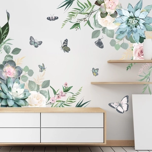 Self-adhesive floral wall stickers with succulents and butterflies for home wall decor
