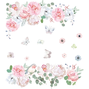 Floral wall stickers with pink roses, white orchids, butterflies and birds for home decor