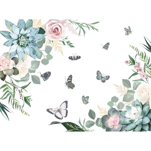 Floral wall stickers featuring pink roses, green leaves, and butterflies on white background