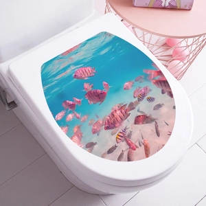 Detail of waterproof toilet sticker with tropical fish underwater world scenery