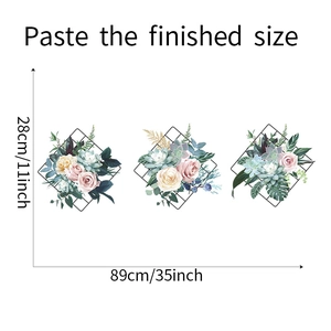 Dimensions layout showing 35x11 inch peony and succulent wall stickers with mesh background