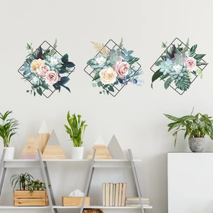 Peony and succulent wall stickers with black grid design for home interior decoration