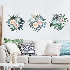 Three-piece floral peony and succulent wall stickers with mesh grid pattern for living room
