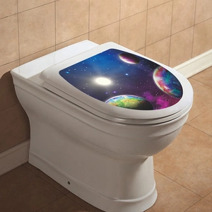 Detailed close-up of a self-adhesive toilet lid decal with a vibrant space planet theme