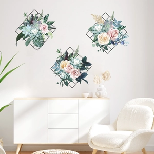 Three-piece floral wall stickers with pink roses and black grid for living room decor