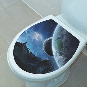 Detail showing self-adhesive waterproof PVC toilet lid sticker with 3D space galaxy pattern