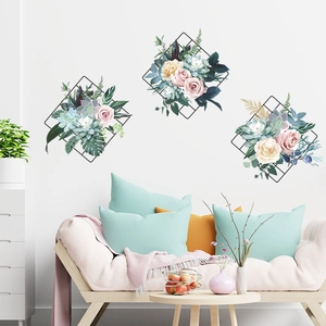Floral Wall Stickers Rose Peony Succulent Plant Rhombus Grid PVC Self Adhesive Decals For Living Room Bedroom Home Decor