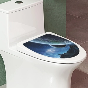 Deep blue cosmic space toilet lid sticker with planets and nebula on white toilet