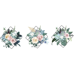 Three-piece floral wall stickers with pink roses, succulents, and geometric black grids