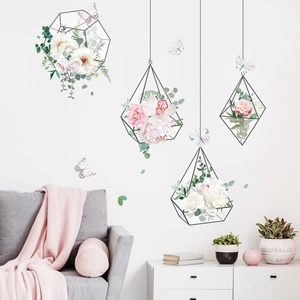 Fresh Floral Hanging Basket PVC Wall Sticker Geometric Flower Butterfly Self-Adhesive Decal For Living Room Bedroom Home Decor