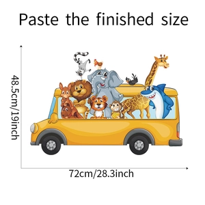 Detailed view of kids wall decal showing a yellow school bus with cute cartoon animals
